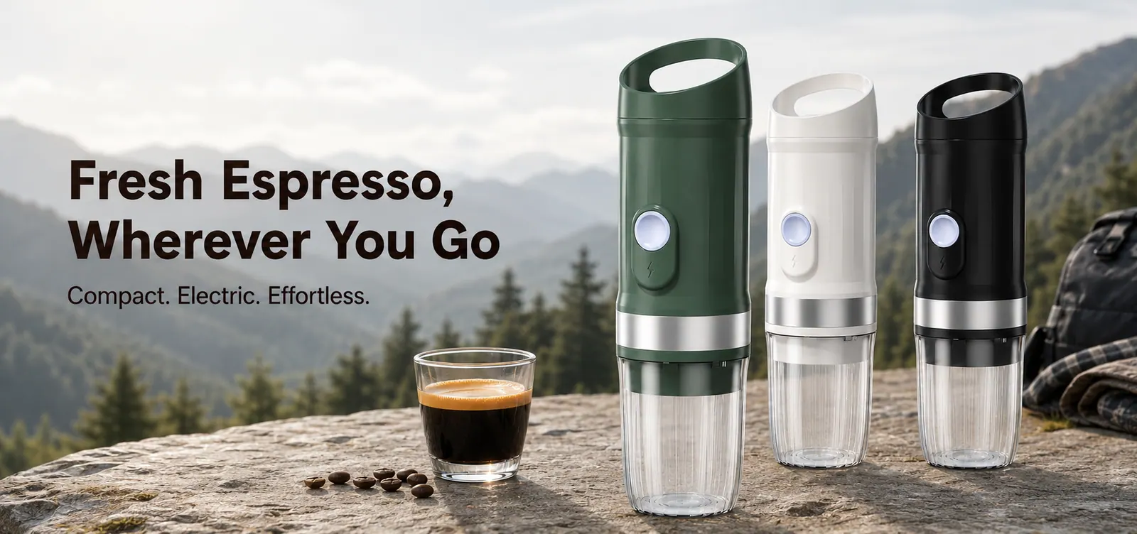 DQ-001 25 Bar Portable Espresso Machine with Capsule and Ground Coffee Adapters in official TK Classic product photography