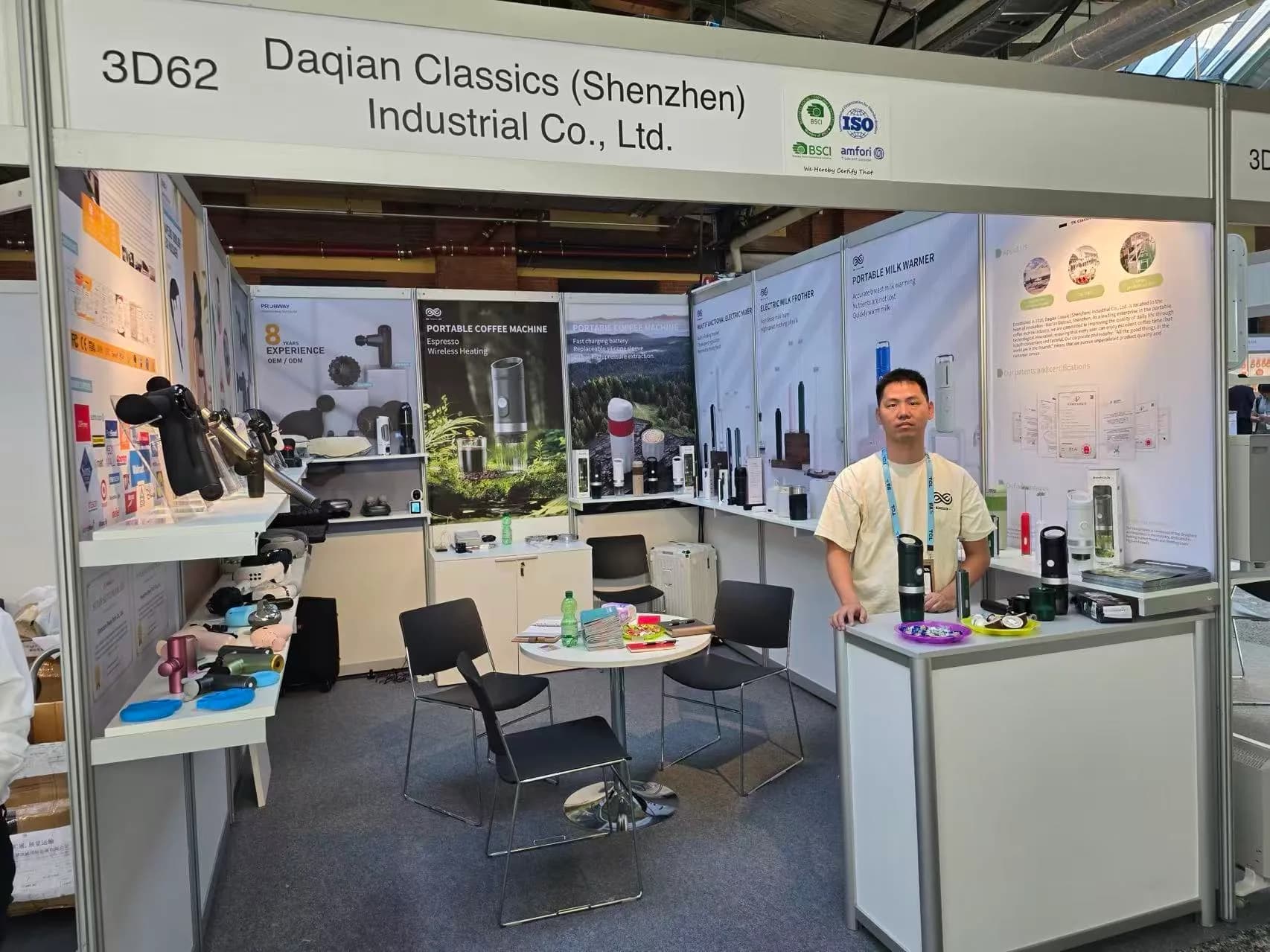 TK Classic exhibition booth with portable coffee machines and accessories on display