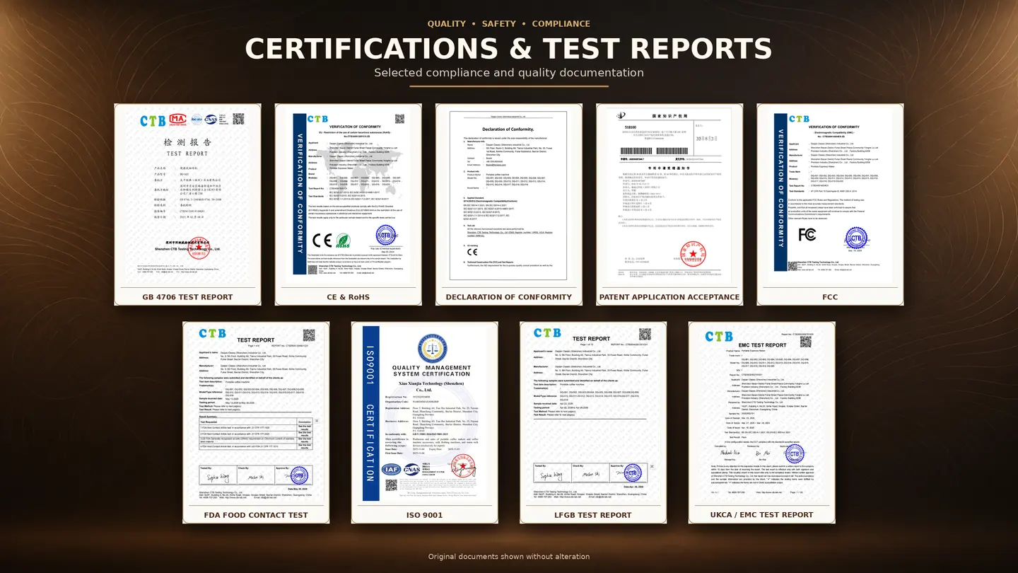 TK Classic certification and test report preview covering CE, RoHS, FCC, UKCA, LFGB, FDA, ISO 9001 and EU declaration documents
