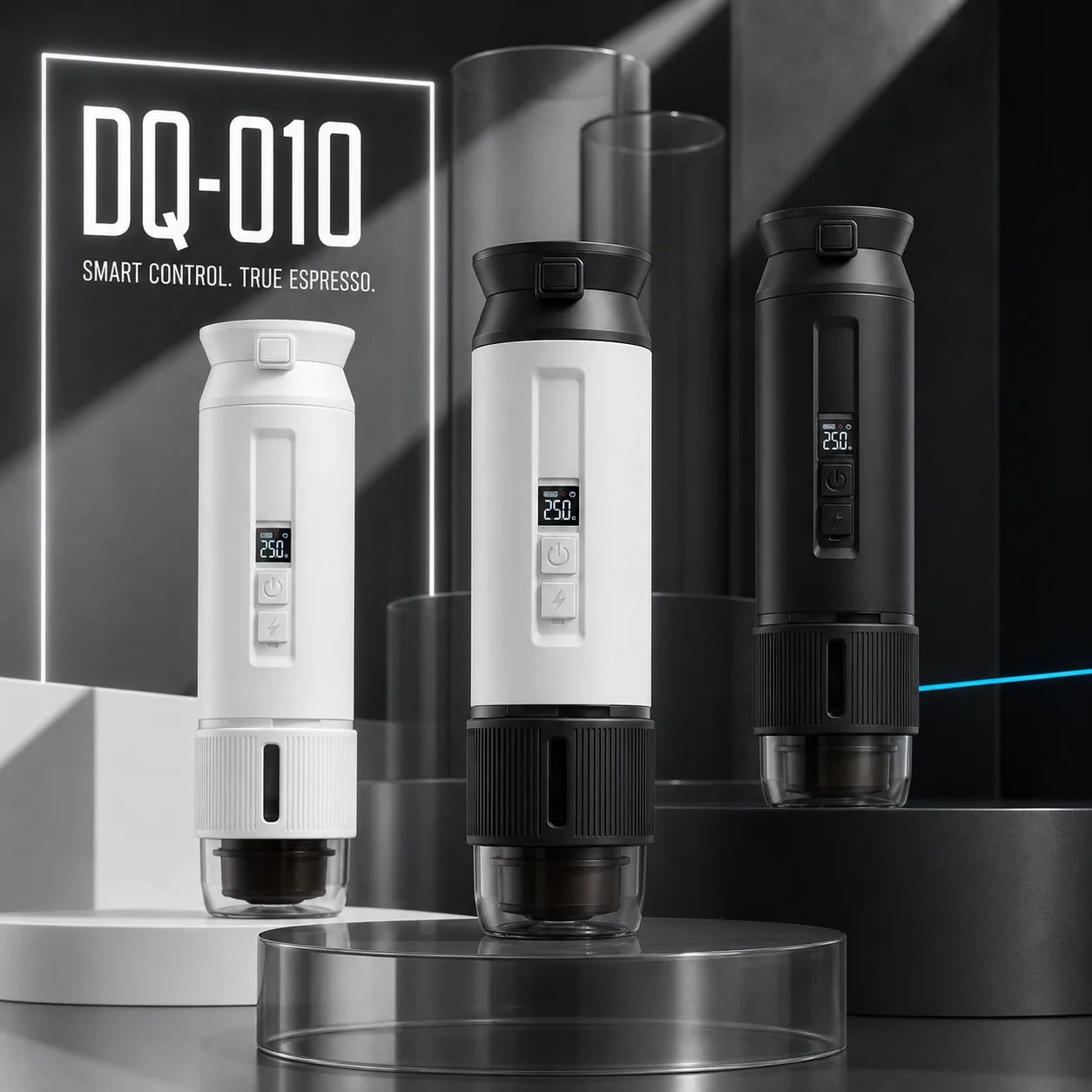 DQ-010 Premium LCD Portable Coffee Maker for Capsules, Ground Coffee and Portable Drip Use in official TK Classic product photography