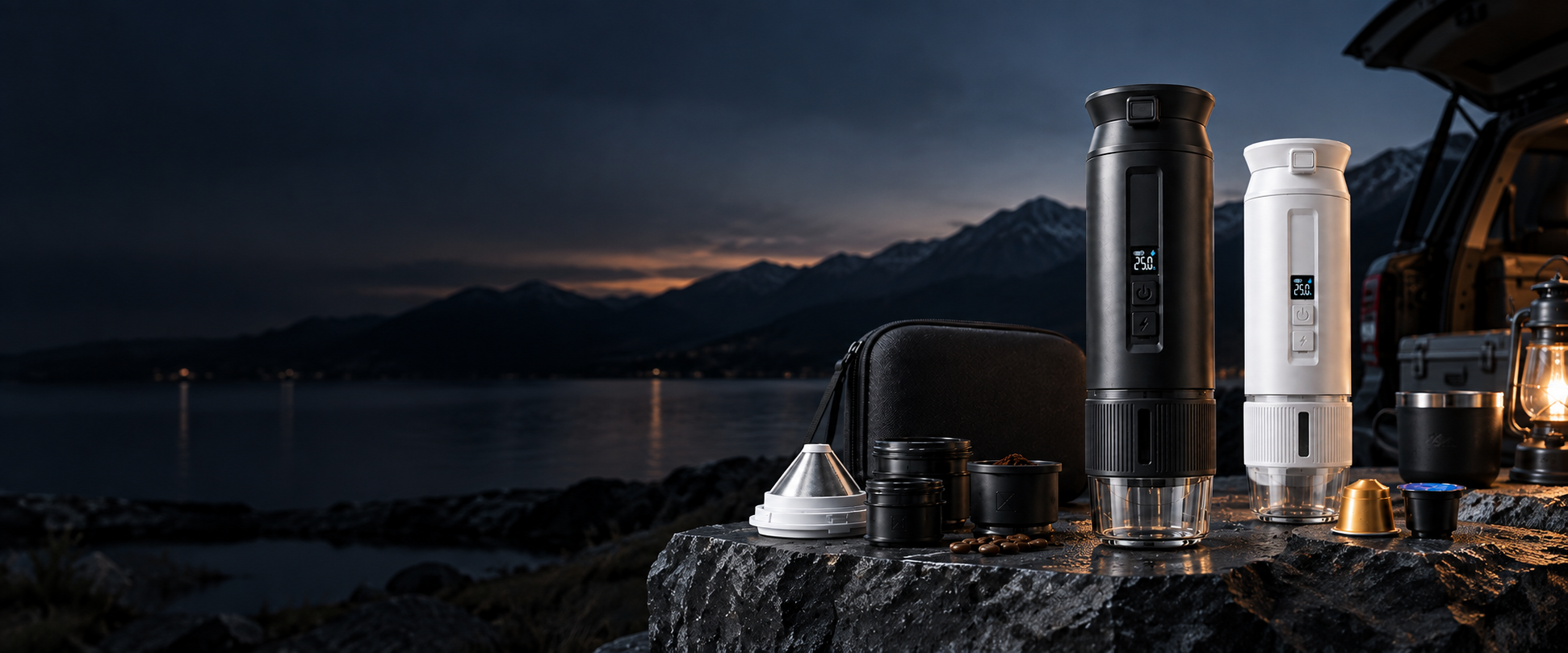 DQ-010 Premium LCD Portable Coffee Maker for Capsules, Ground Coffee and Portable Drip Use in official TK Classic product photography